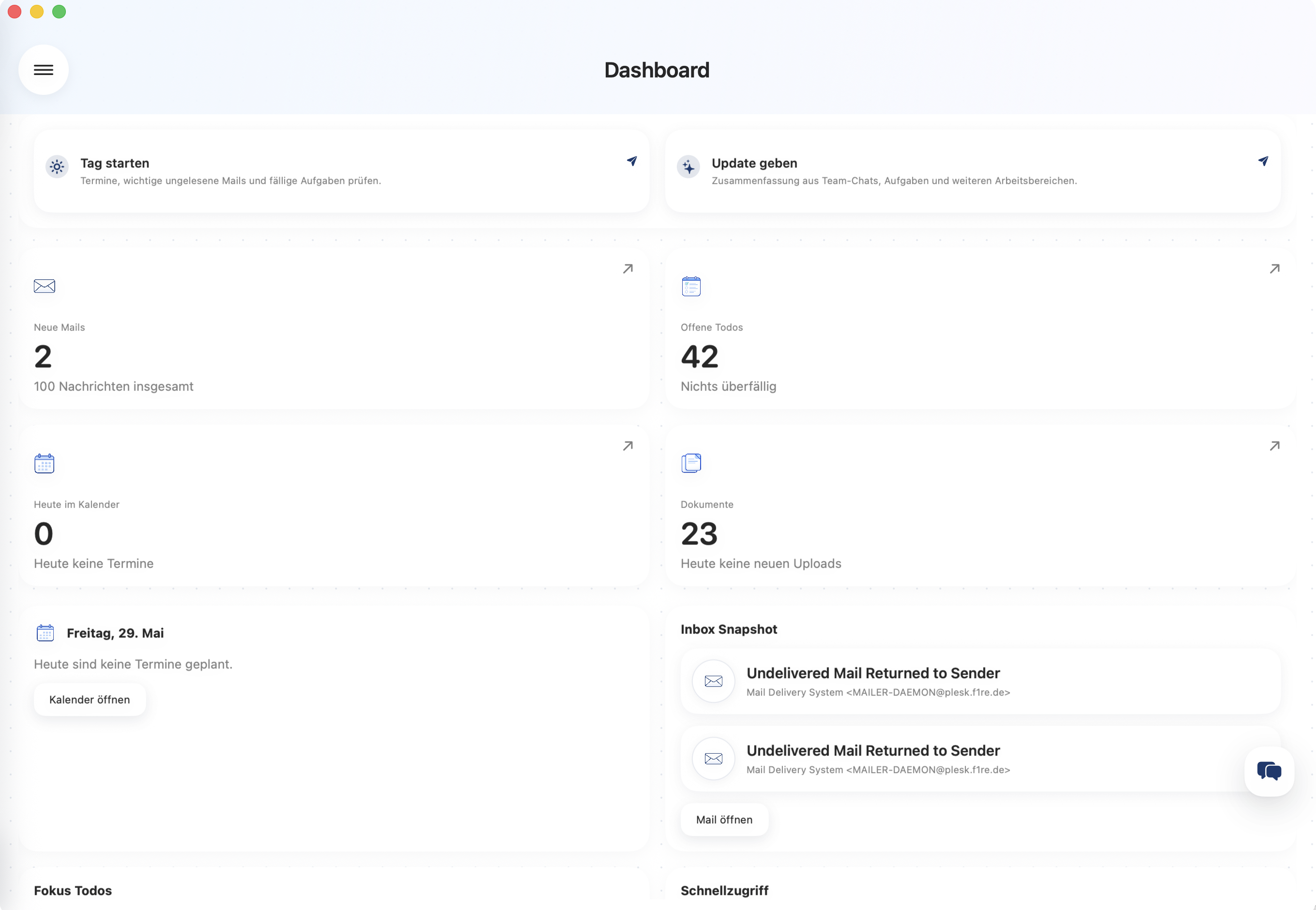 Clapilot Mac App mit Dashboard und Tagesübersicht